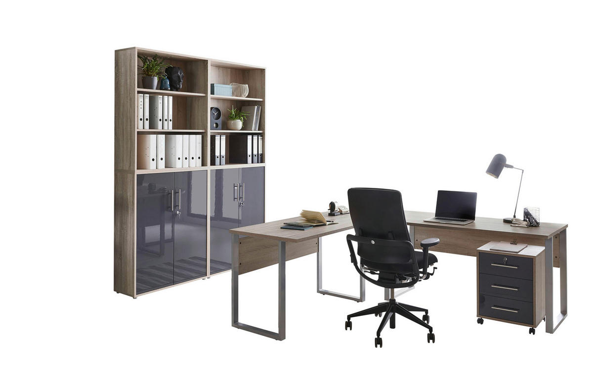 BÜRO erweiterbar, abschließbar Sonoma Eiche, Anthrazit Hochglanz - Anthrazit Hochglanz/Sonoma Eiche, MODERN, Holzwerkstoff/Metall - MID.YOU