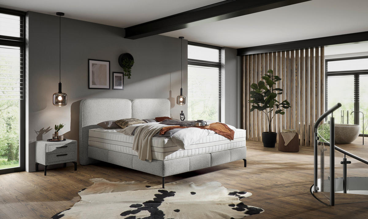 BOXSPRINGBETT 180/200 cm,  in Hellgrau, H2 + H3 = mittel + fest  - Hellgrau/Schwarz, KONVENTIONELL, Textil/Metall (180/200cm) - Voleo