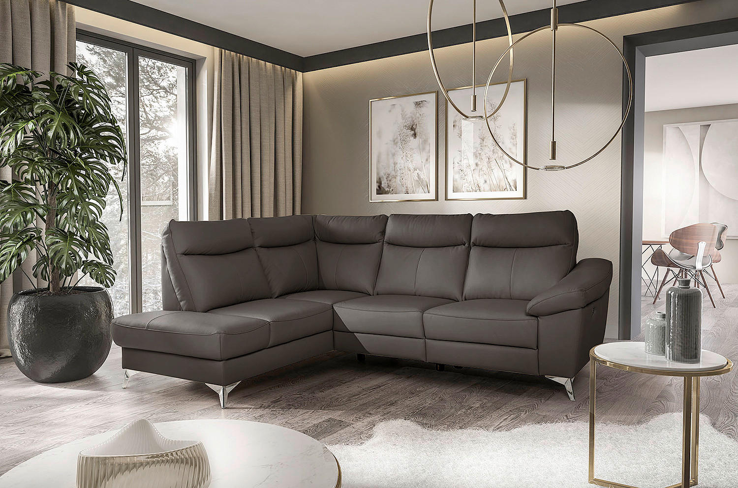 ECKSOFA 194/242 cm  in Lederlook Echtleder Dunkelbraun Bettkasten, Rücken echt, Relaxfunktion  194/242 cm  - Chromfarben/Dunkelbraun, Design, Leder/Textil (194/242cm) - Livetastic