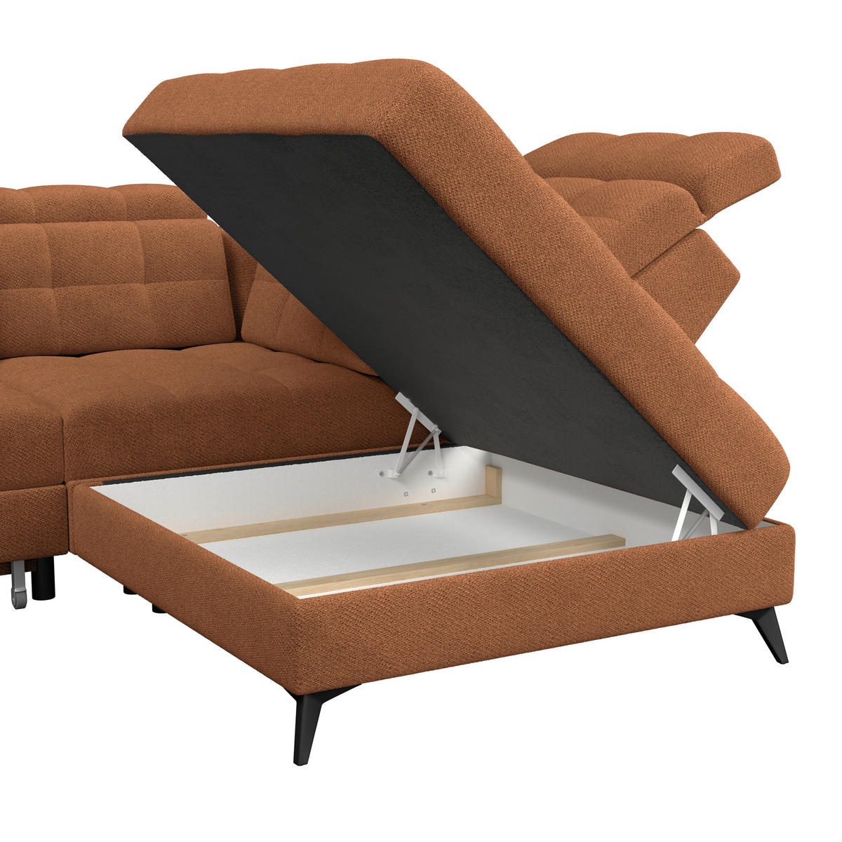 ECKSOFA BARLETTA NEW Terracotta Velours Bettkasten, Kopfteilverstellung, Sitztiefenverstellung, Liegefläche im Originalstoff  - Terracotta/Schwarz, ROMANTIK / LANDHAUS, Textil/Metall (289/228cm) - MID.YOU