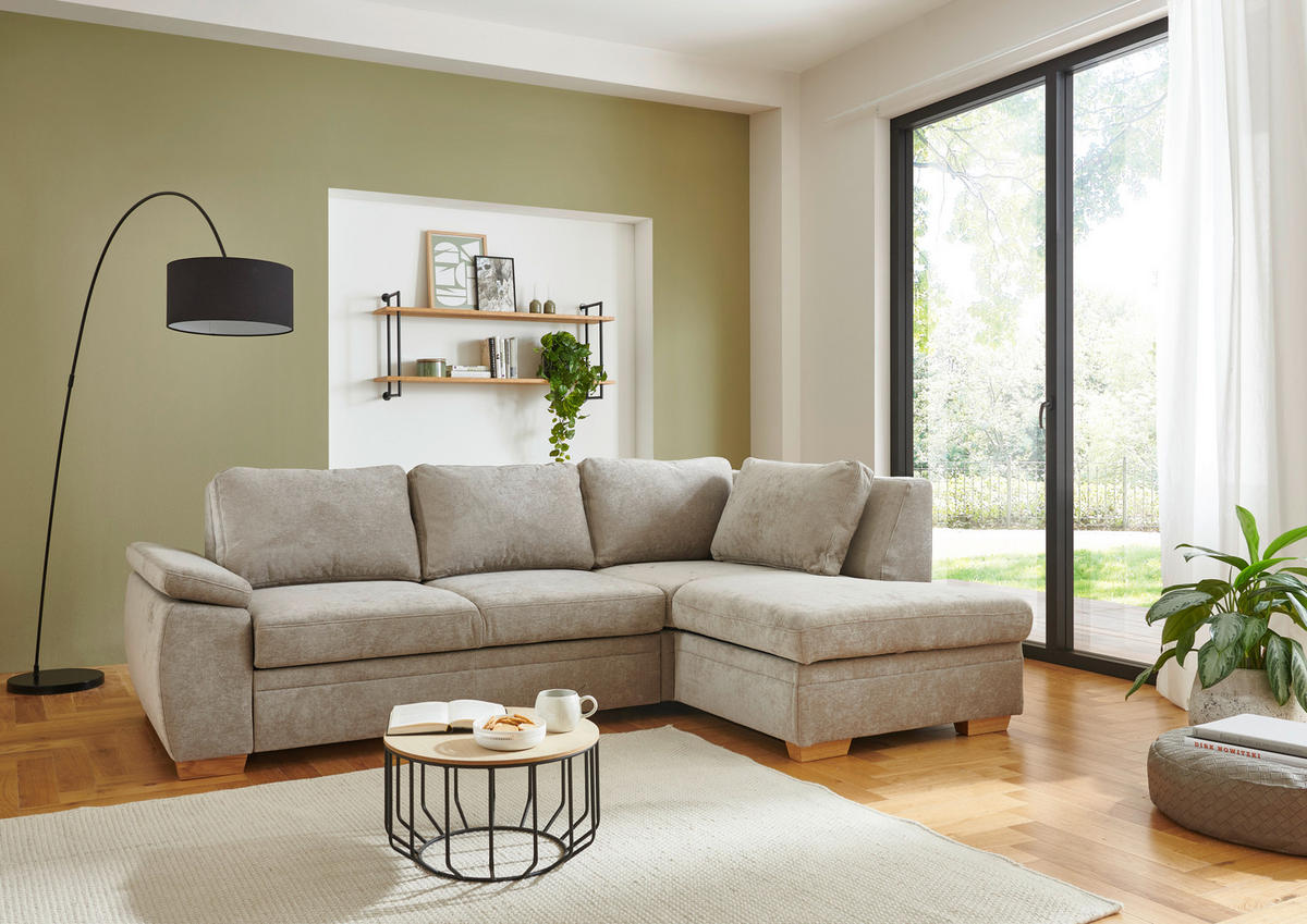 ECKSCHLAFSOFA  in Chenille Hellbraun  - Hellbraun/Eiche Bianco, KONVENTIONELL, Holz/Textil (253/170cm) - Beldomo Style