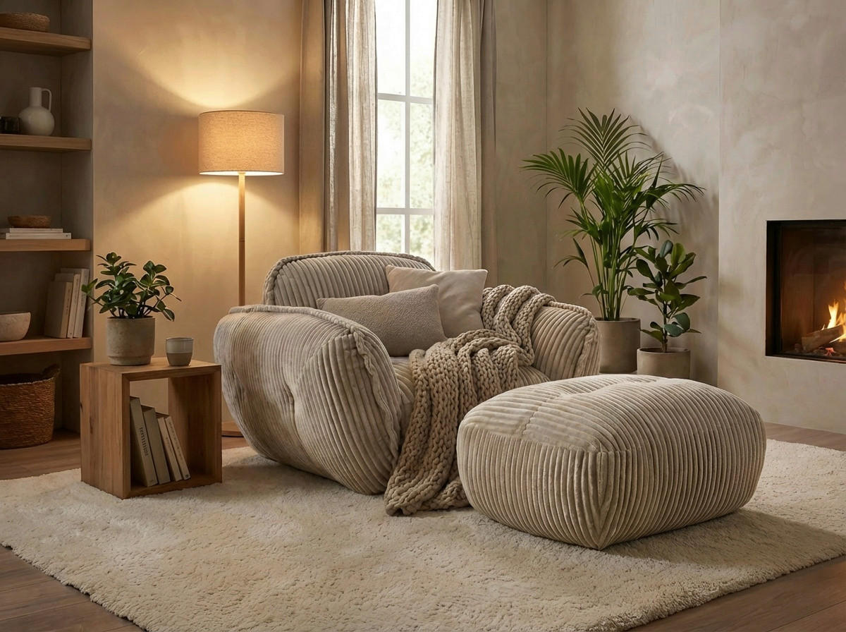 HOCKER BE FLUFFY Cord Beige  - Beige/Schwarz, MODERN, Kunststoff/Textil (92/46/74cm) - Trendmanufaktur