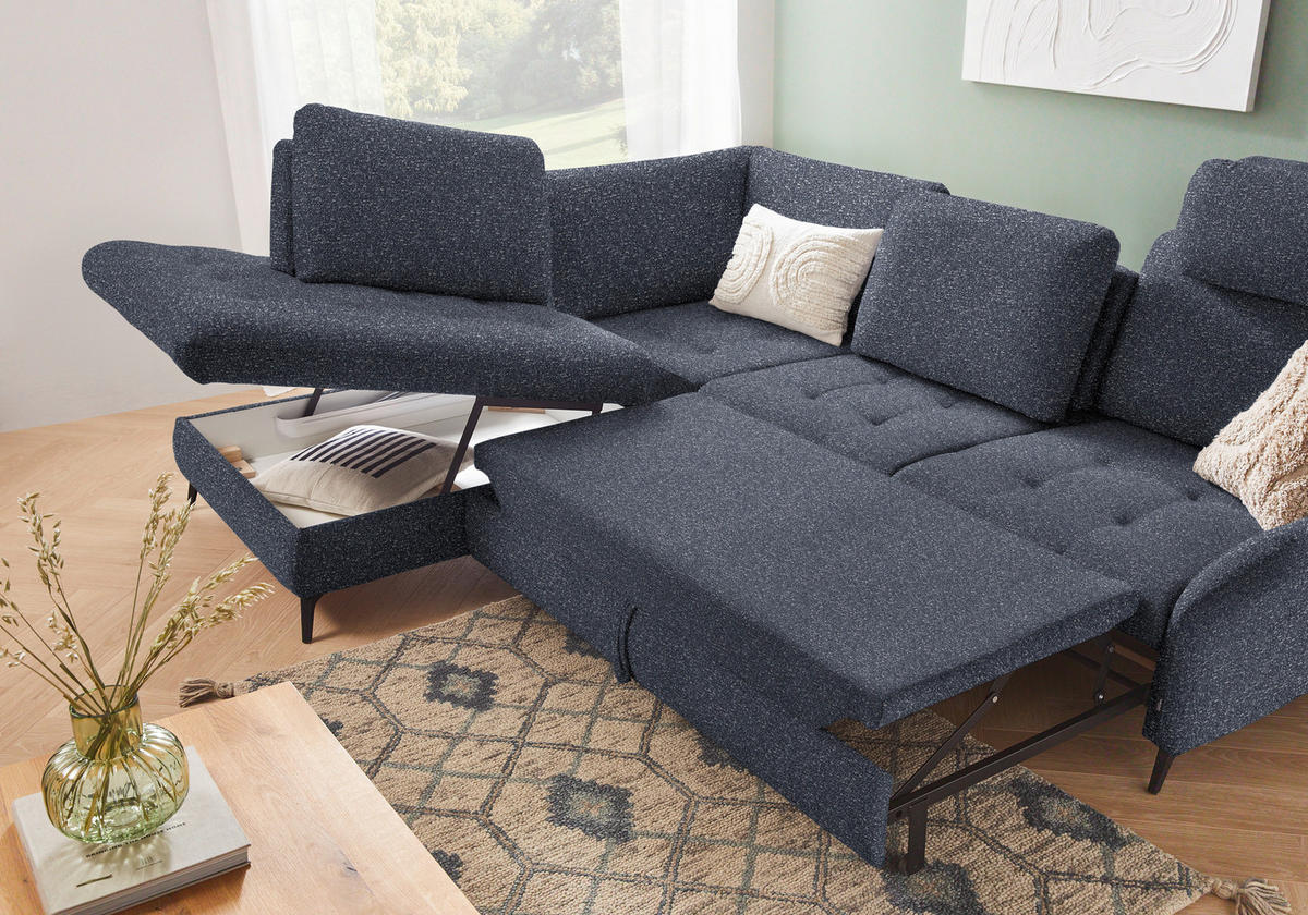 ECKSOFA in Bouclé Dunkelblau  - Schwarz/Dunkelblau, Natur, Textil/Metall (233/288cm) - Valnatura