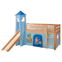 SPIELBETT Absturzsicherung, Leiter, Rutsche, Turm, Vorhang 90/200 cm  in Blau, Kieferfarben  - Blau/Kieferfarben, Natur, Holz (90/200cm) - MID.YOU