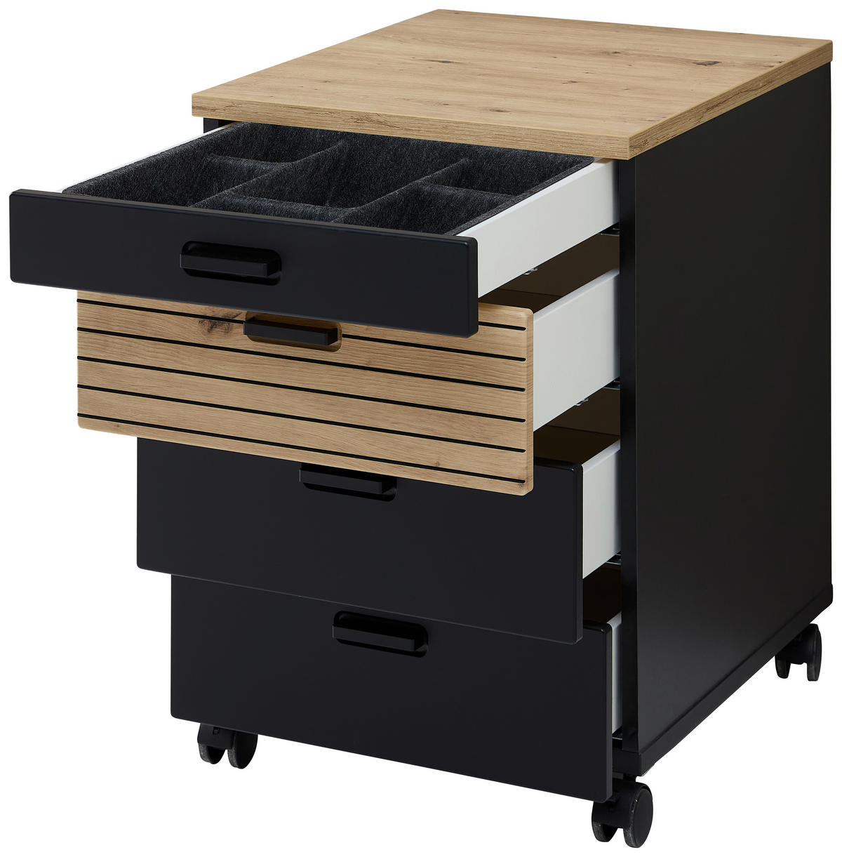 ROLLCONTAINER Schwarz, Eiche Artisan  - Schwarz/Eiche Artisan, KONVENTIONELL, Holzwerkstoff/Kunststoff (45/66/55cm) - Stylife