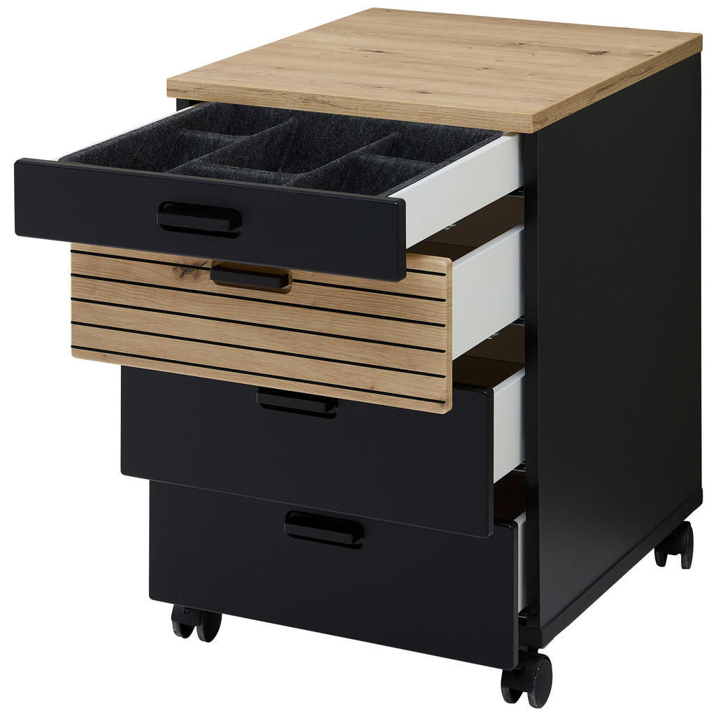 Thumbnail - Stylife Rollcontainer, Schwarz, Eiche Artisan, Kunststoff, 4 Schubladen, 45x66x55 cm, Typenauswahl, Beimöbel erhältlich,...