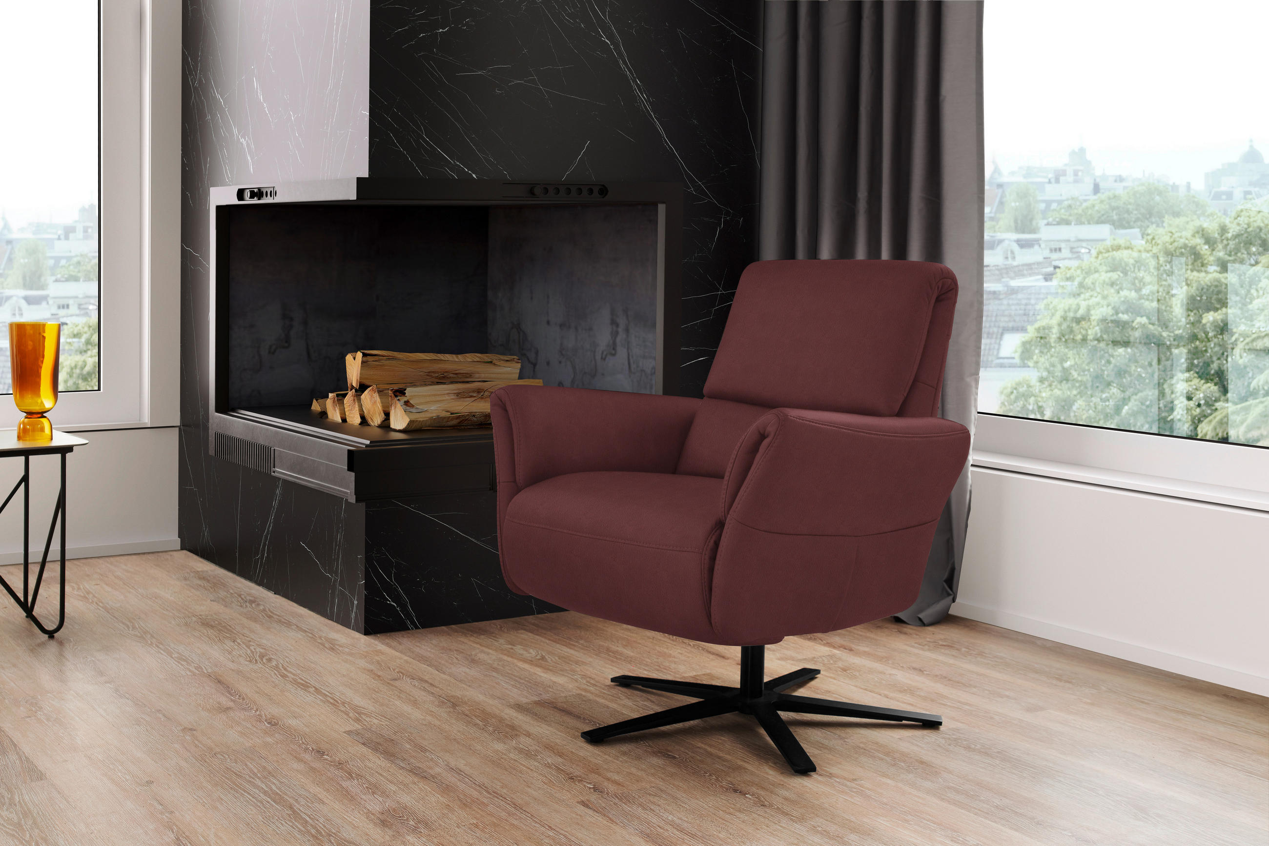 RELAXSESSEL Echtleder Relaxfunktion, Kopfteilverstellung, Nackenkissen    - Bordeaux/Schwarz, Design, Leder/Metall (81/118/82cm) - Schöner Wohnen