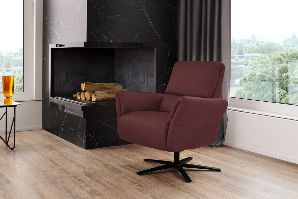 RELAXSESSEL Echtleder Relaxfunktion, Kopfteilverstellung, Nackenkissen    - Bordeaux/Schwarz, Design, Leder/Metall (81/118/82cm) - Schöner Wohnen