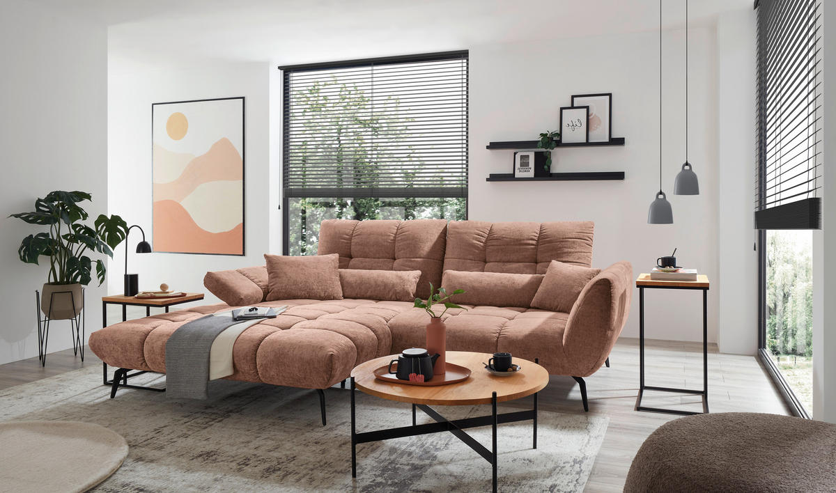 ECKSOFA Altrosa Flachgewebe Rücken echt, Sitztiefenverstellung  - Schwarz/Altrosa, KONVENTIONELL, Textil/Metall (211/273cm) - SetOne by Musterring