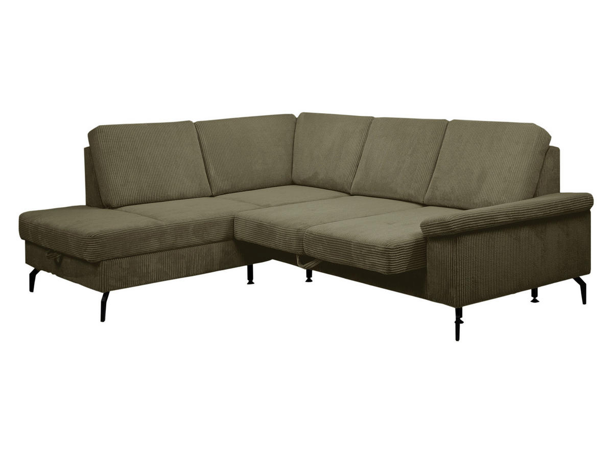ECKSOFA Olivgrün Velours Bettkasten, Sitzvorzug  - Schwarz/Olivgrün, KONVENTIONELL, Textil/Metall (206/253cm) - Venda