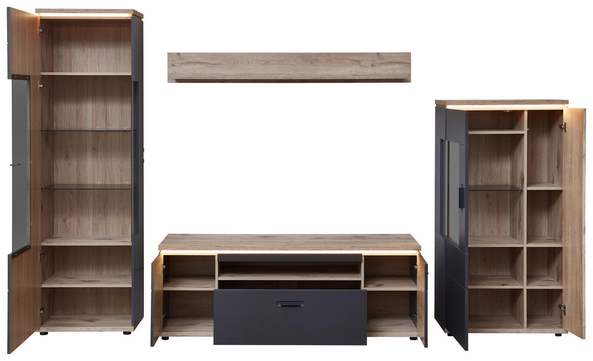 WOHNWAND  in Graphitfarben, Eichefarben 325/202/47 cm  - Eichefarben/Graphitfarben, Modern, Glas/Holzwerkstoff (325/202/47cm) - Stylife