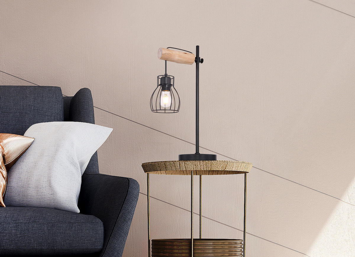 STOLNÍ LAMPA, E27, 33/55 cm  - černá/přírodní barvy, Design, kov/dřevo (33/55cm)