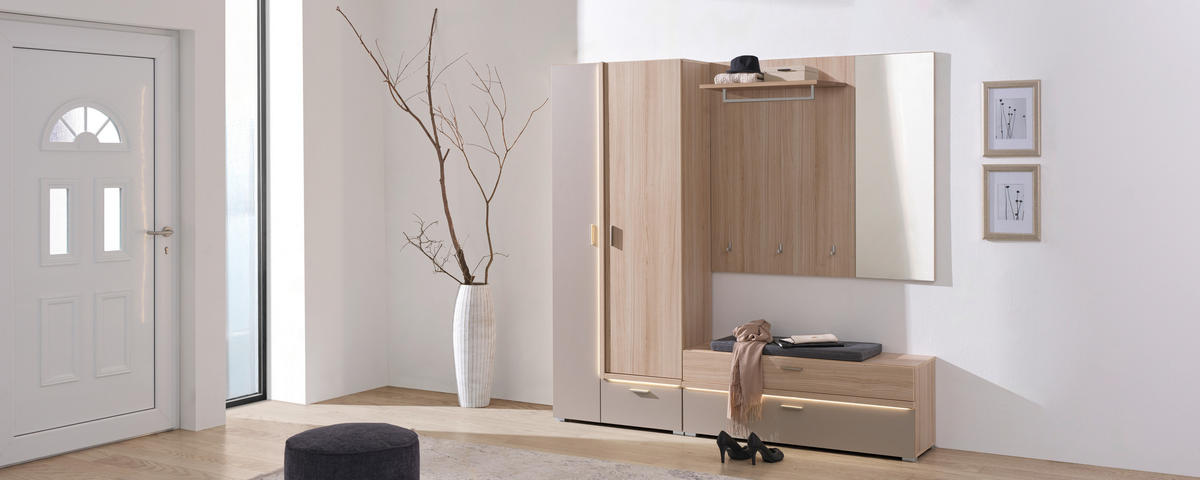 GARDEROBE 3-teilig  in 198/194/38 cm  - Eiche Bianco/Grau, Design, Glas/Holzwerkstoff (198/194/38cm) - Voleo