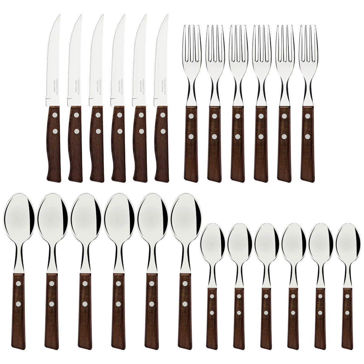BESTECKSET TRADICIONAL 24-teilig Edelstahl  für 6 Personen  - Edelstahlfarben/Braun, Design, Holz/Metall - TRAMONTINA