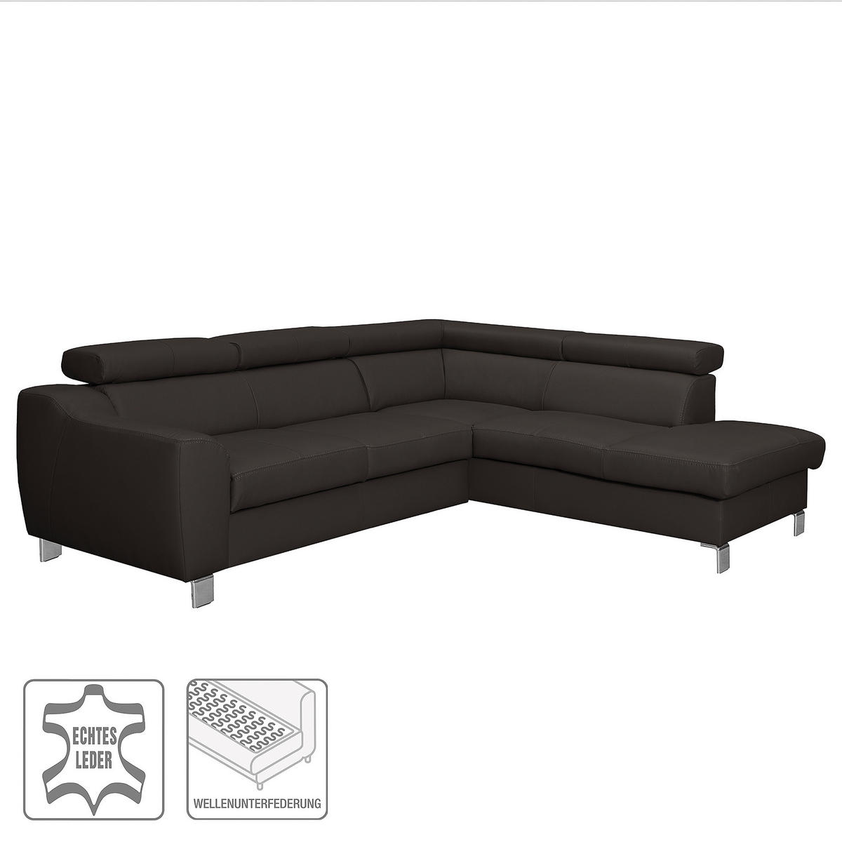 ECKSOFA in Lederlook Echtleder Dunkelbraun  245/208 cm  - Chromfarben/Dunkelbraun, Design, Leder/Textil (245/208cm) - Livetastic