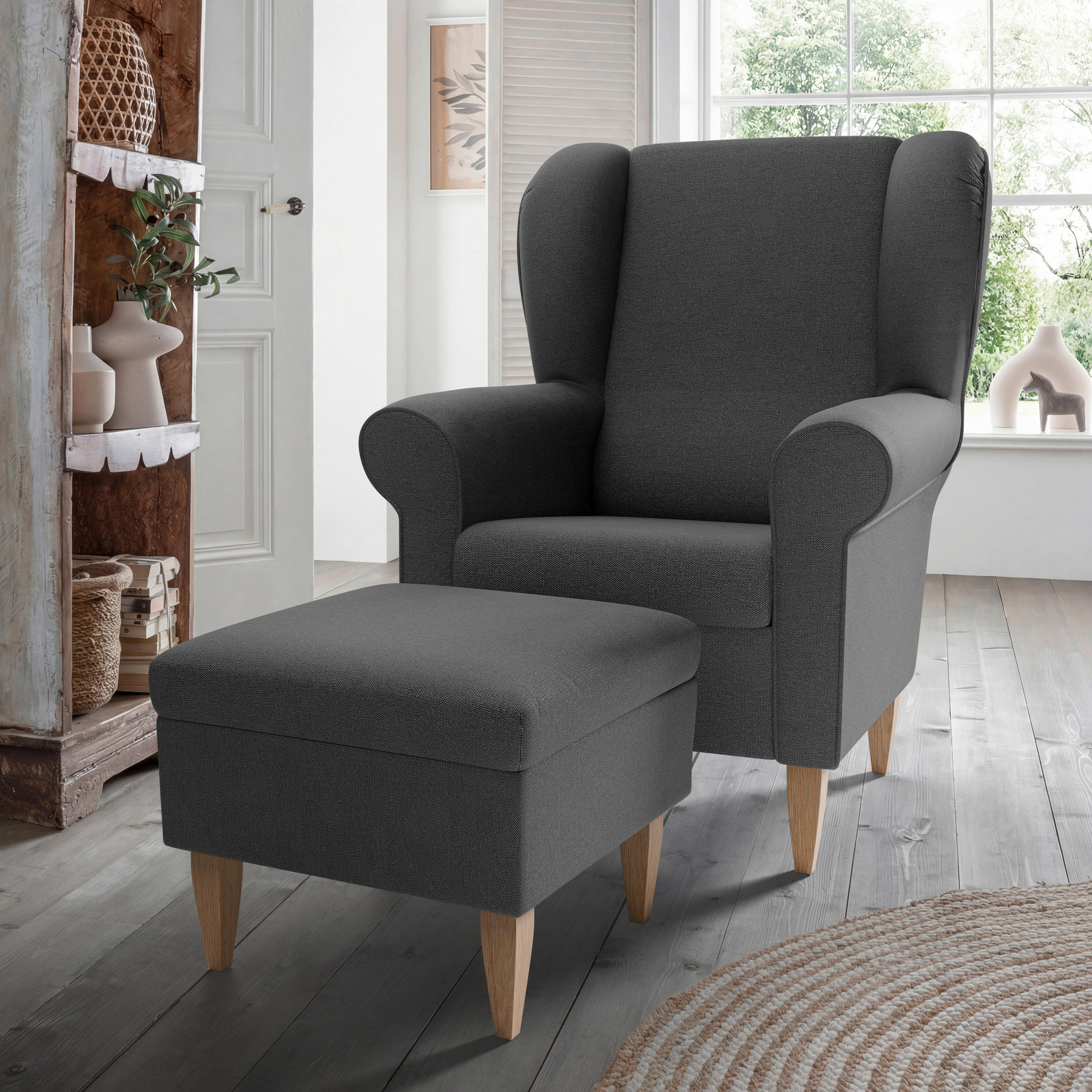 SESSELSET Struktur Anthrazit  - Anthrazit/Naturfarben, Konventionell, Holz/Textil (80/102/86cm) - Livetastic