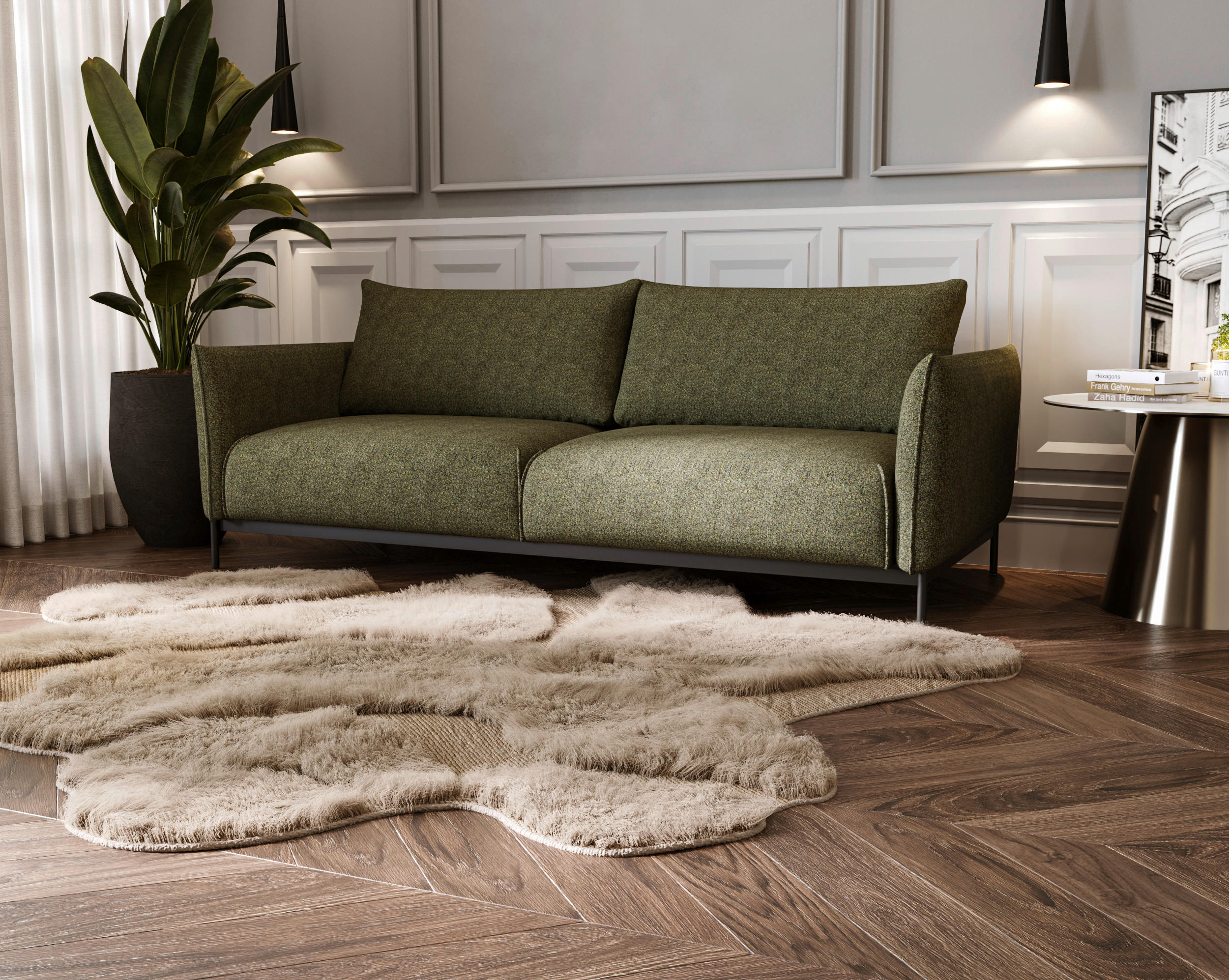 SOFA in Chenille Grün  - Schwarz/Grün, Design, Textil/Metall (223/96/95cm) - Livetastic