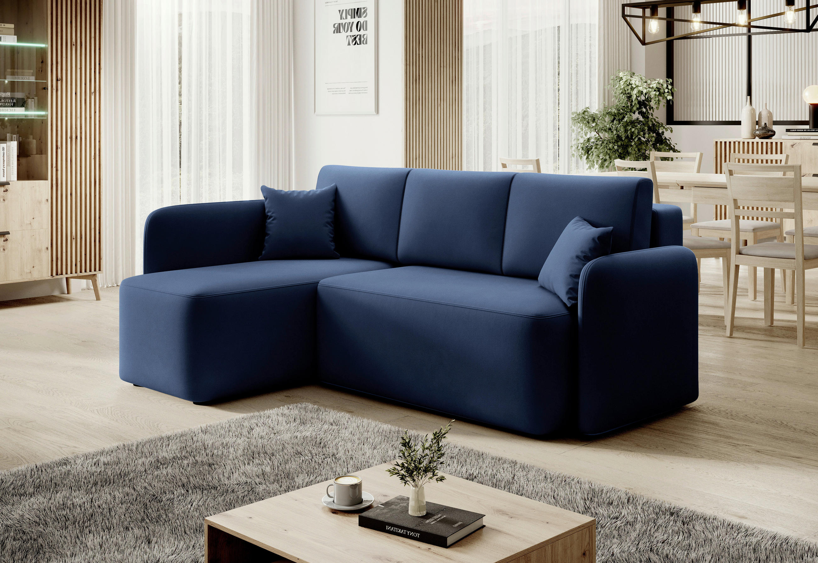 ECKSOFA Plüsch Blau  - Blau/Schwarz, Design, Kunststoff/Textil (150/206cm) - MID.YOU