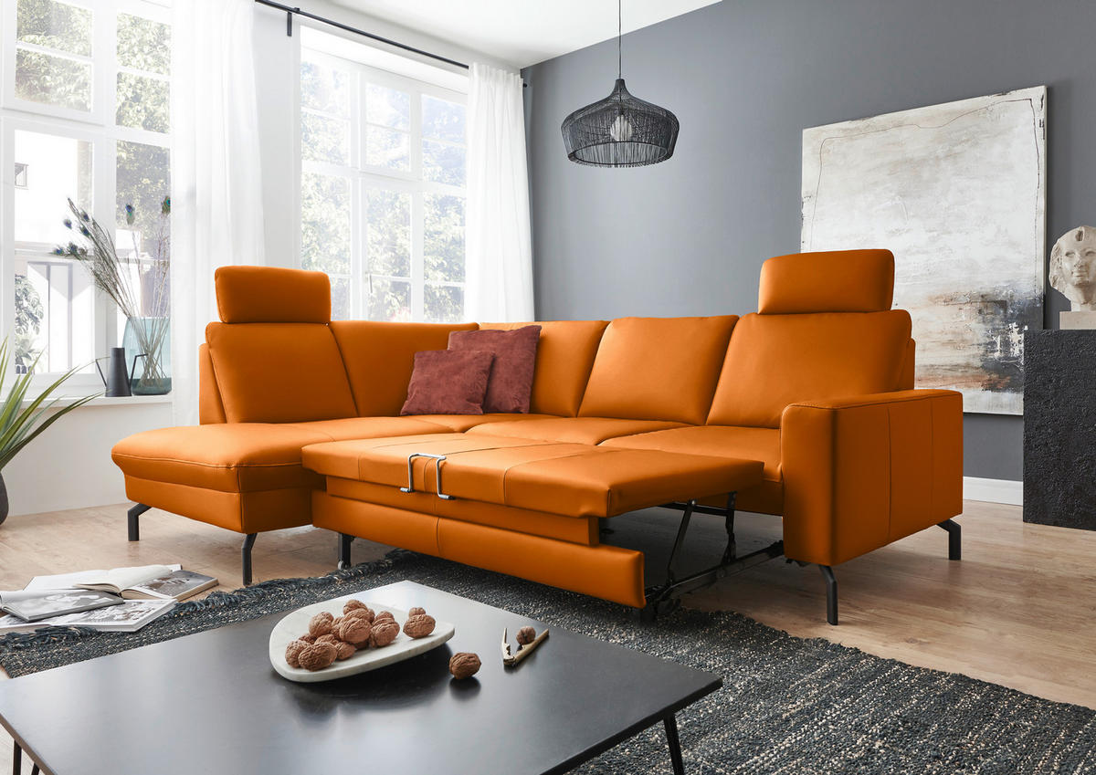 ECKSOFA in Echtleder Orange  194/250 cm  - Schwarz/Orange, Design, Leder/Metall (194/250cm) - Beldomo Premium