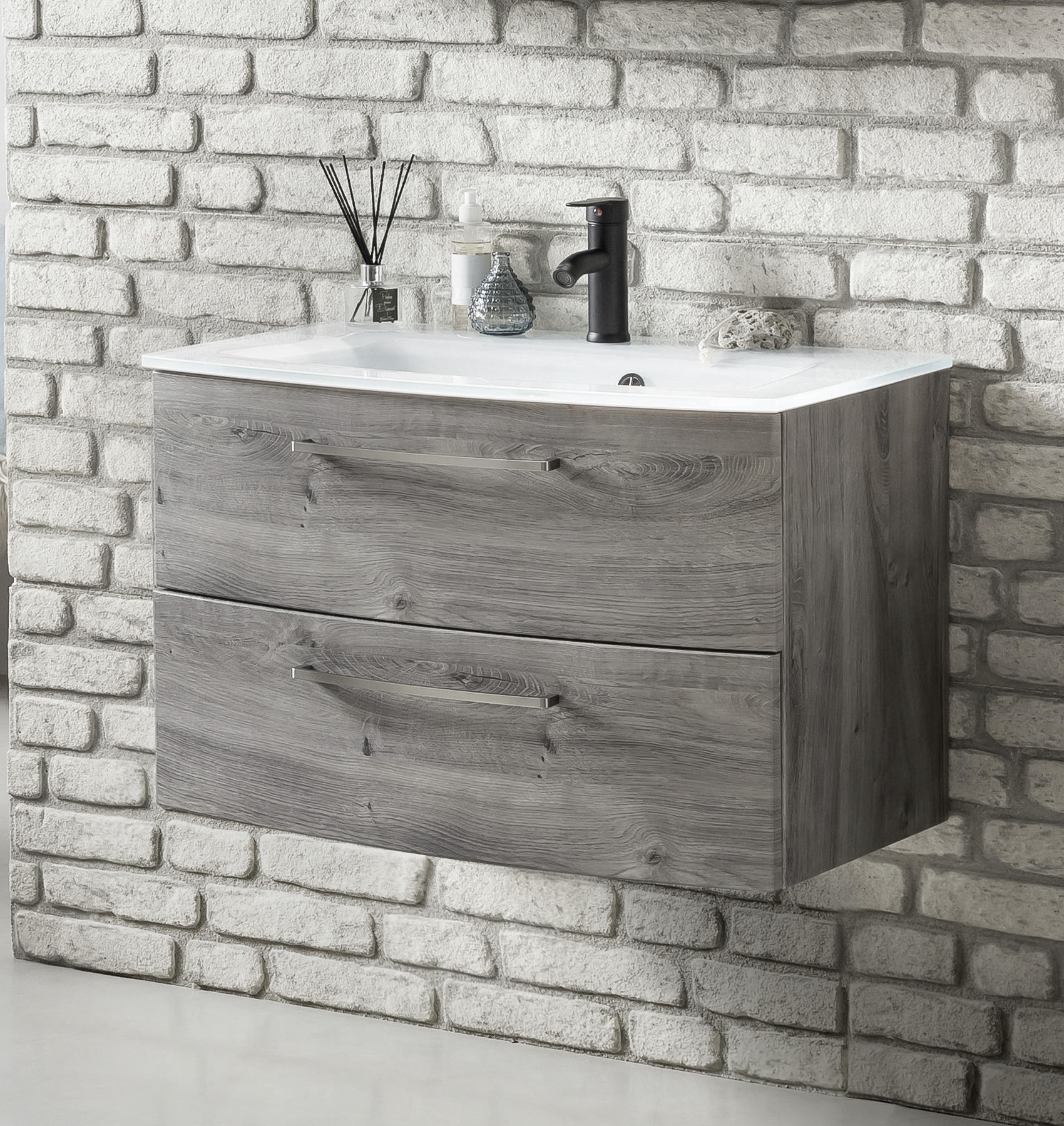 WASCHTISCHKOMBI 80 cm - Eichefarben/Alufarben, KONVENTIONELL, Glas/Holzwerkstoff (80cm) - Held