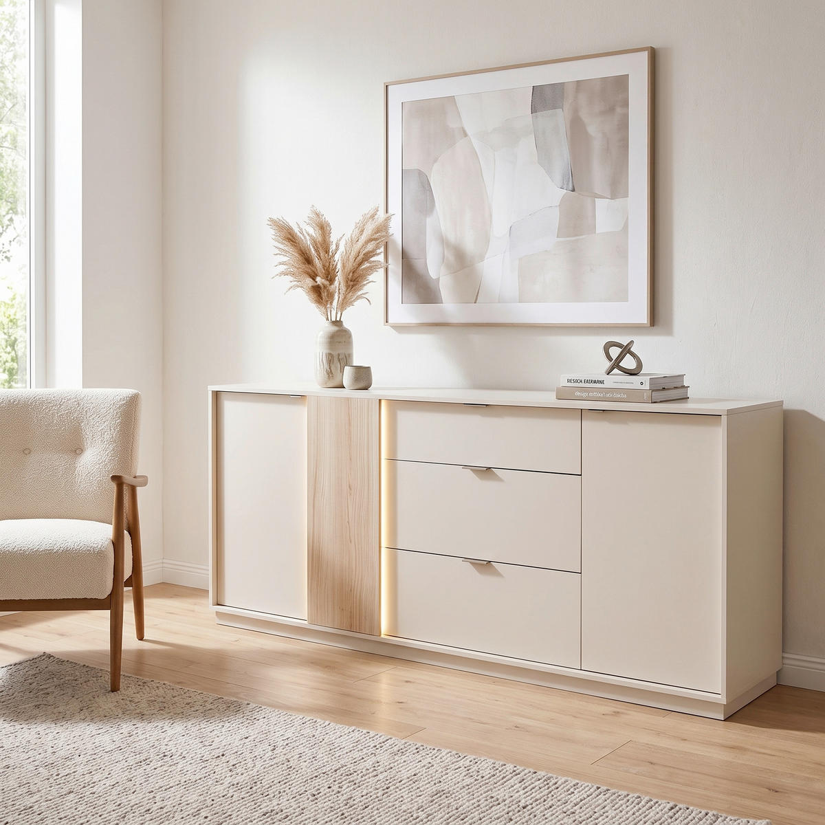 ŠIROKA KOMODA, kašmir  - srebrne barve/črna, Design, umetna masa/leseni material (193/83/40cm) - Ti'me