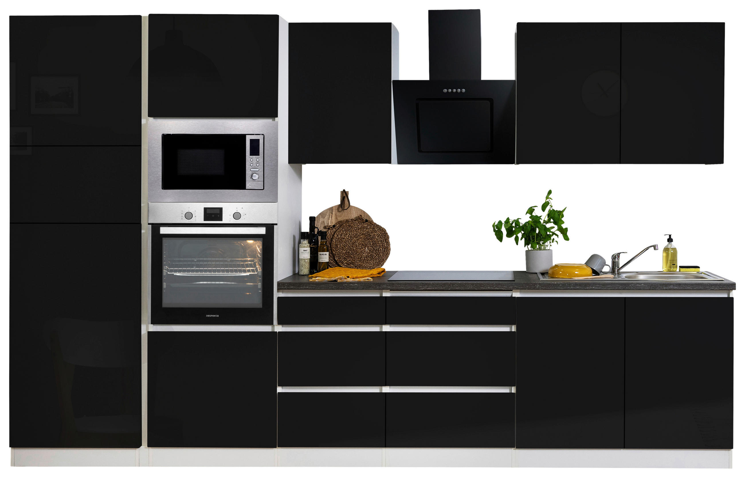 KÜCHENBLOCK 335 cm in Schwarz Hochglanz - Schwarz Hochglanz/Graphitfarben, Basics, Holzwerkstoff (335cm) - Respekta