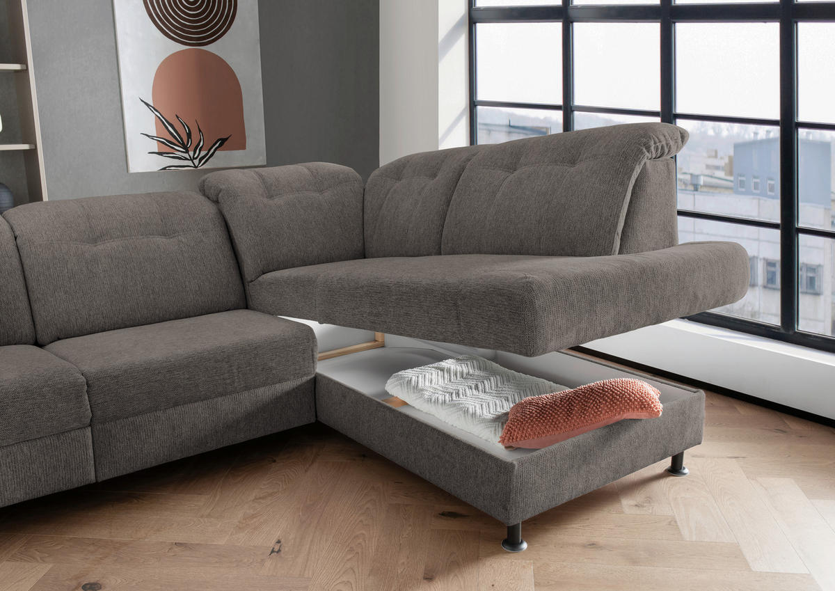 ECKSOFA in Chenille Graubraun  - Graubraun/Schwarz, Modern, Textil/Metall (270/198cm) - Livetastic