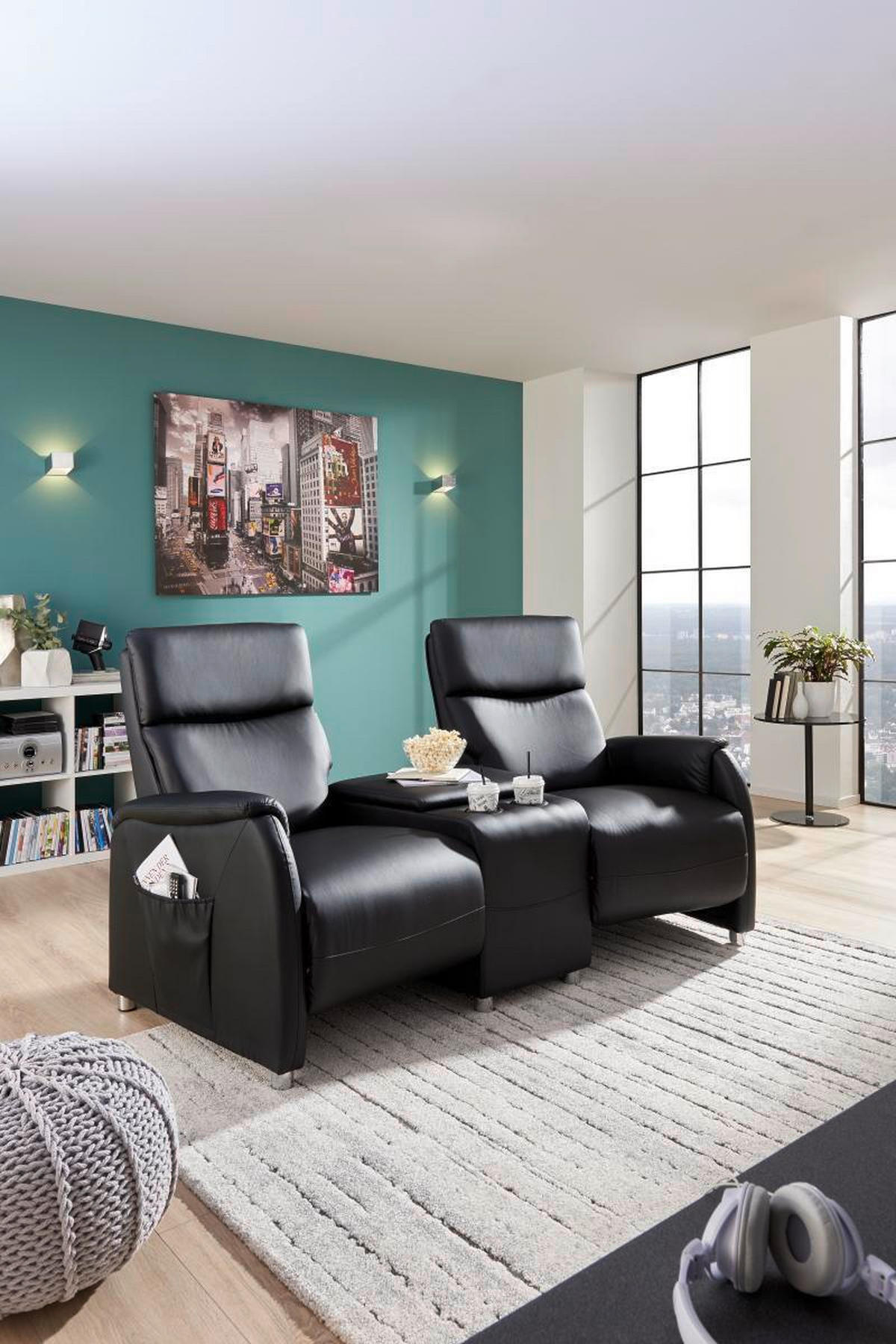 HEIMKINO-SOFA Lederlook Schwarz  - Schwarz, Design, Kunststoff/Textil (186/104/90cm) - Livetastic