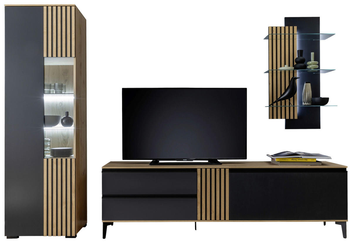 WOHNWAND  in Anthrazit, Wildeiche  277/200/45 cm  - Wildeiche/Anthrazit, Design, Glas/Holz (277/200/45cm) - Moderano