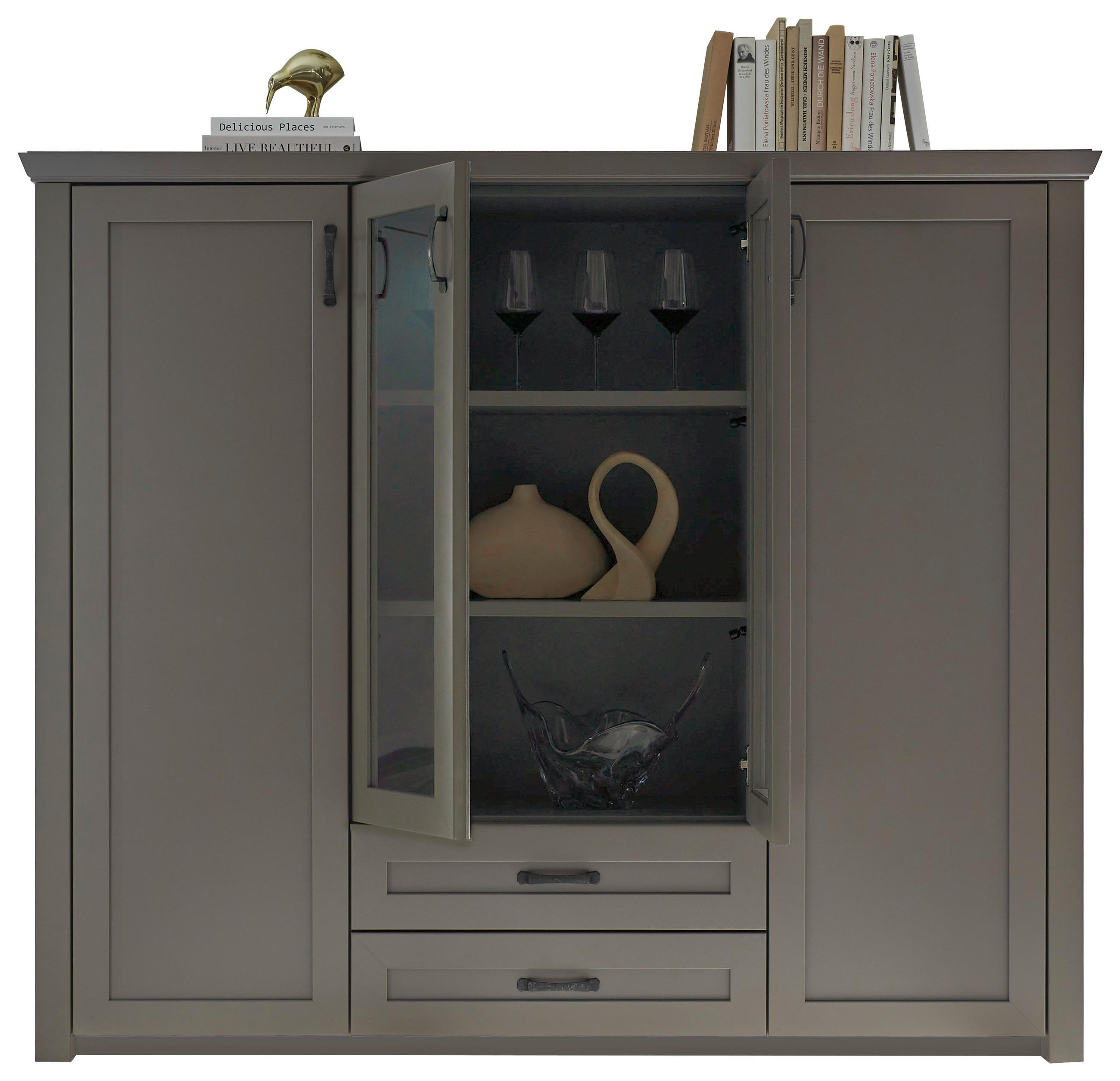 HIGHBOARD 177/150/43 cm Creme, Graphitfarben, Weiß, Eiche Bianco  177/150/43 cm  - Eiche Bianco/Messingfarben, LIFESTYLE, Glas/Holz (177/150/43cm) - Landscape