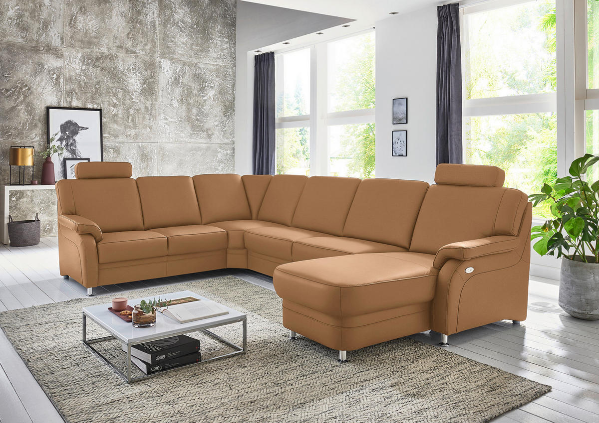 WOHNLANDSCHAFT Echtleder Hellbraun  - Hellbraun/Alufarben, Konventionell, Leder/Metall (239/329/165cm) - Beldomo Premium