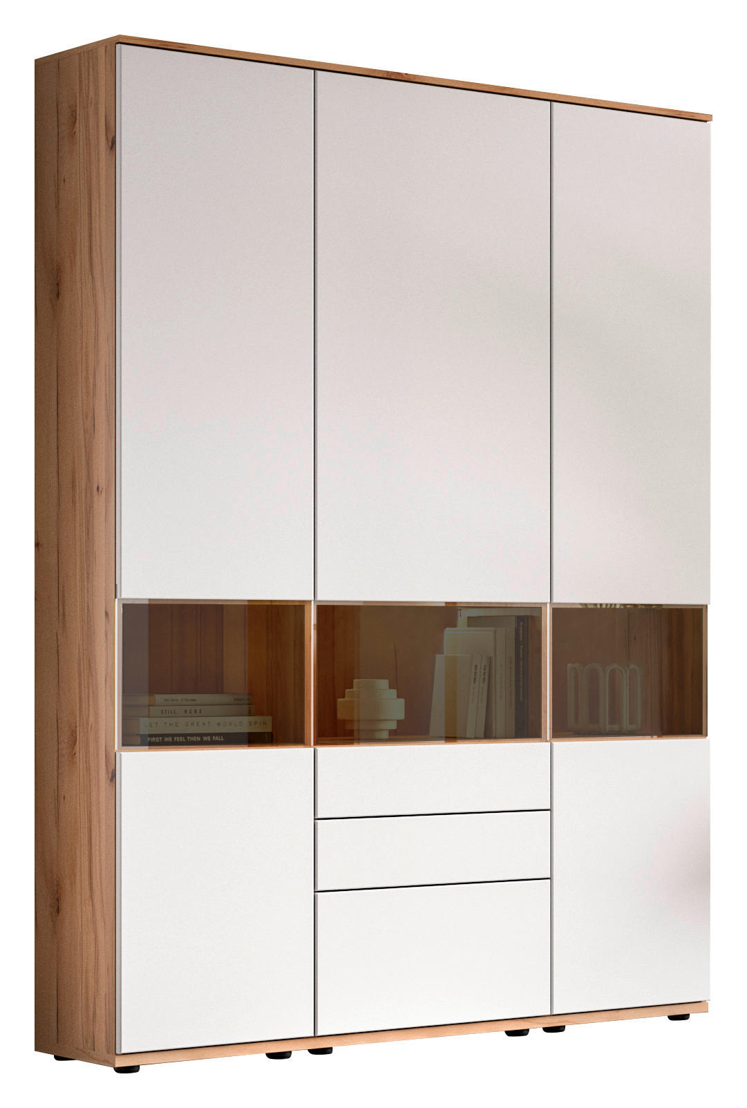 VITRINENKOMBINATION  in Weiß, Buchefarben - Buchefarben/Schwarz, KONVENTIONELL, Glas/Holzwerkstoff (150/215/40cm) - Venda