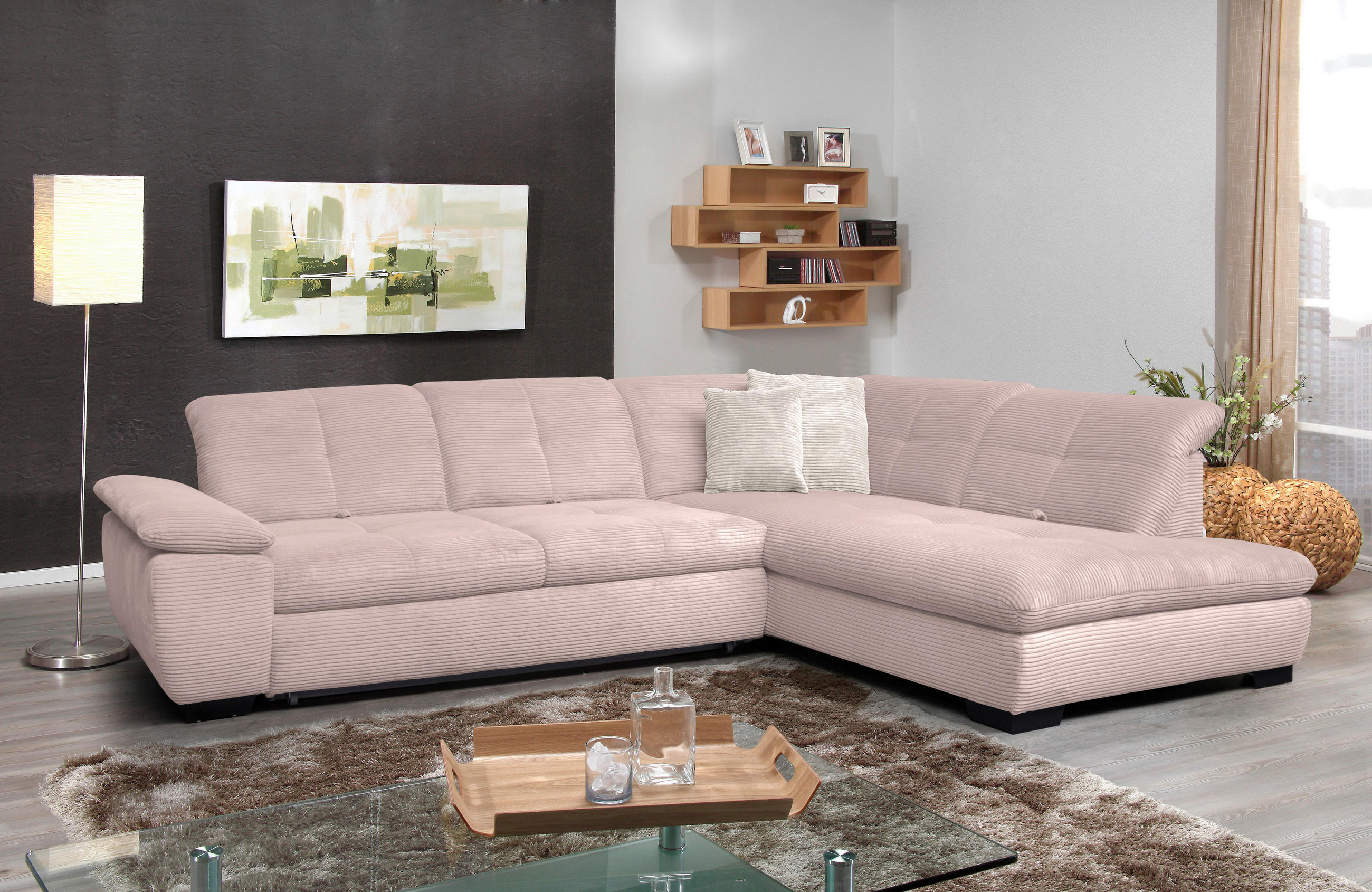 Thumbnail - Xora Ecksofa, Hellrosa, Textil, 5-Sitzer, Ottomane rechts, L-Form, 313x242 cm, Typenauswahl, Bettkasten erhältlich, Fußa...