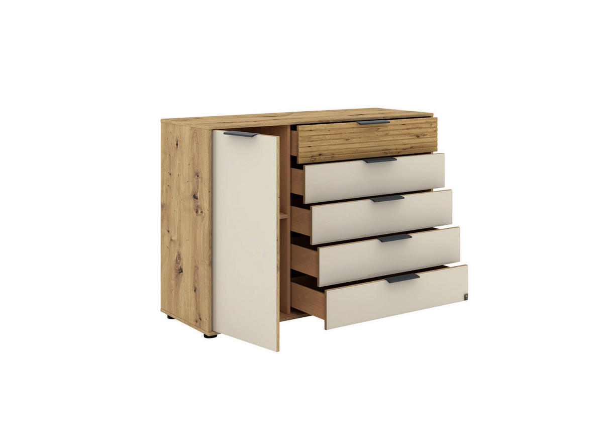 KOMMODE , 120/86/43 cm, 5 Schublade(n)  - Schieferfarben/Eiche Bianco, Design, Glas/Holzwerkstoff (120/86/43cm) - Musterring