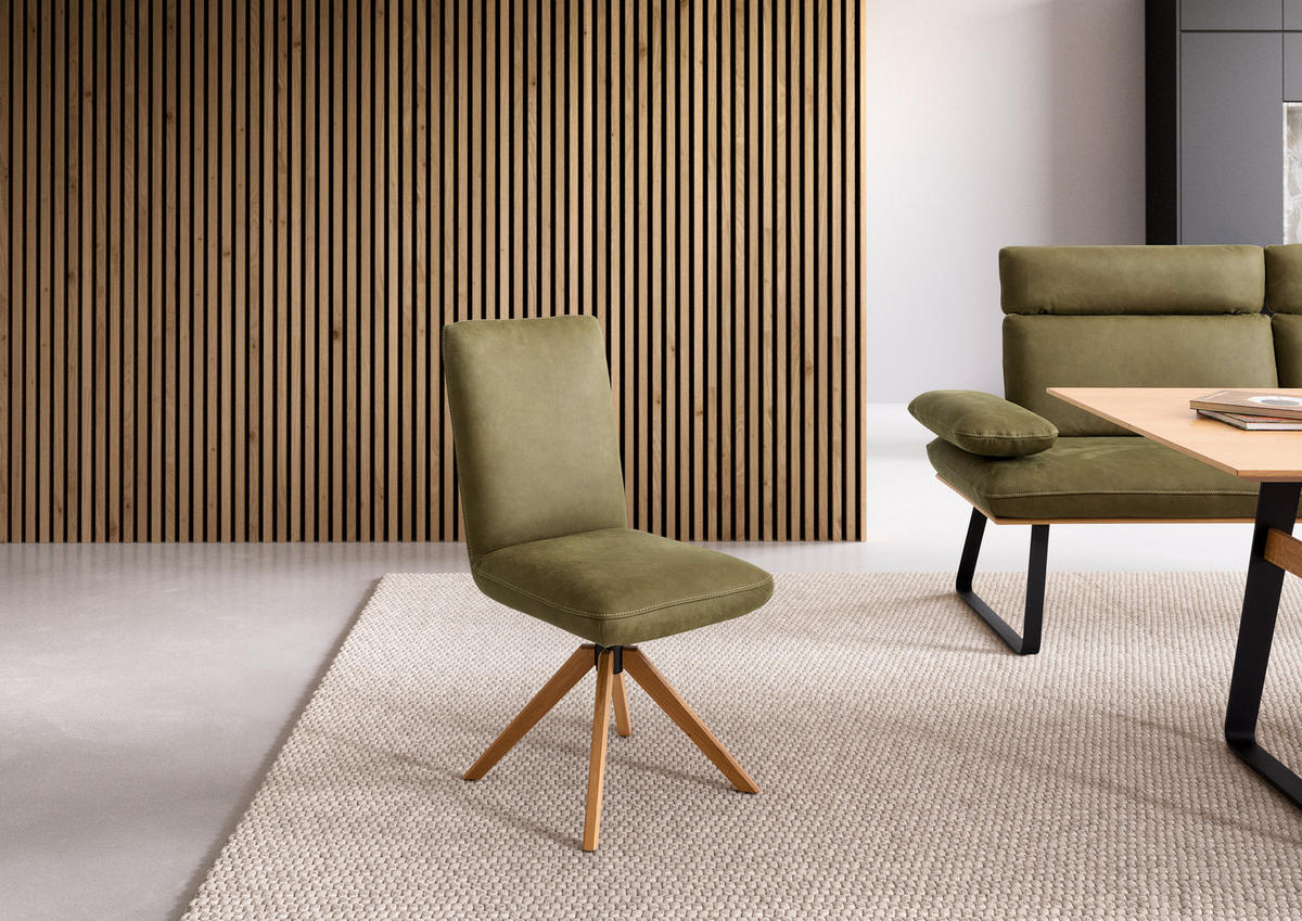 STUHL Echtleder Olivgrün Wildeiche vollmassiv  - Wildeiche/Beige, Design, Leder/Holz (47/95/67cm) - Koinor
