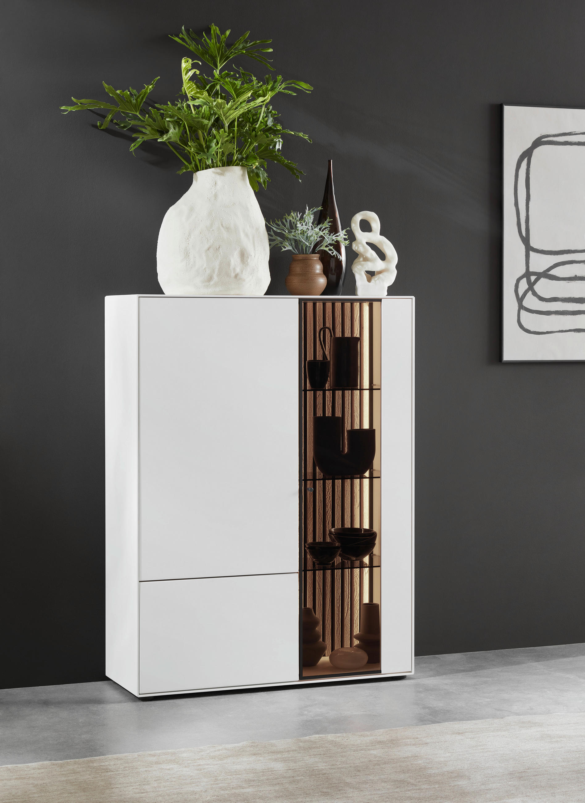 HIGHBOARD Weiss, Eichefarben  112/138/39 cm  - Weiss/Eichefarben, Design, Glas/Holz (112/138/39cm) - Johann Jakob