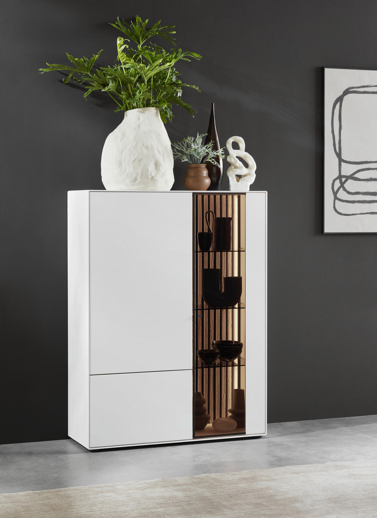 HIGHBOARD Weiss, Eichefarben  112/138/39 cm  - Weiss/Eichefarben, Design, Glas/Holz (112/138/39cm) - Johann Jakob