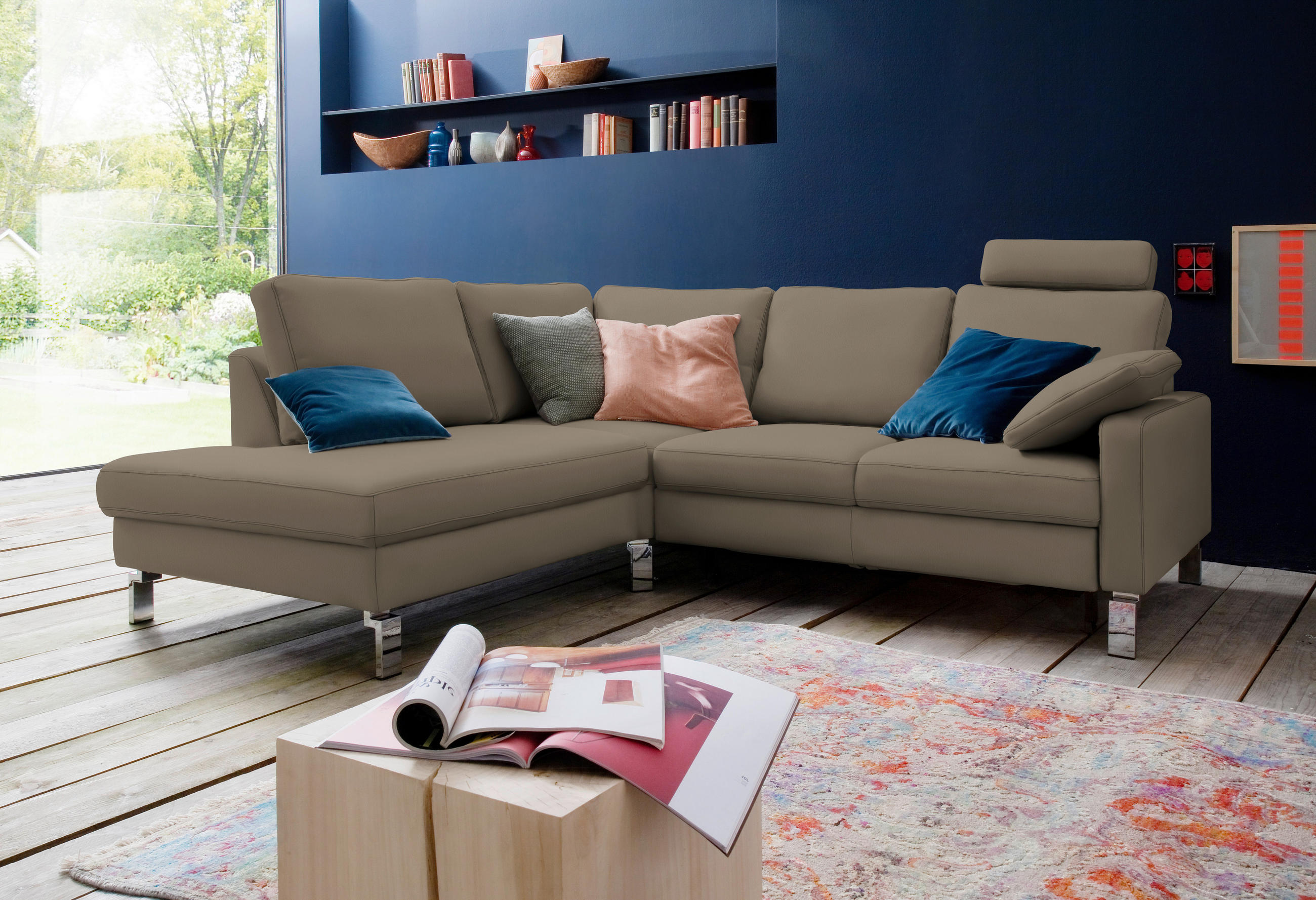 ECKSOFA in Echtleder Taupe  - Taupe/Chromfarben, Design, Leder/Metall (200/281cm) - Pure Home Lifestyle