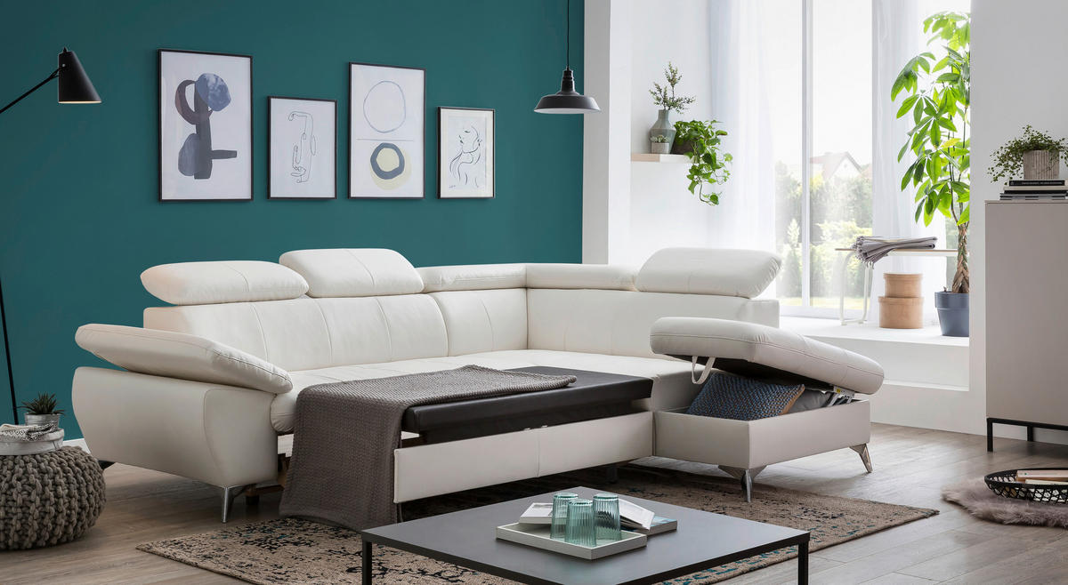 ECKSOFA in Lederlook Weiß  - Chromfarben/Weiß, KONVENTIONELL, Textil/Metall (256/209cm) - Livetastic