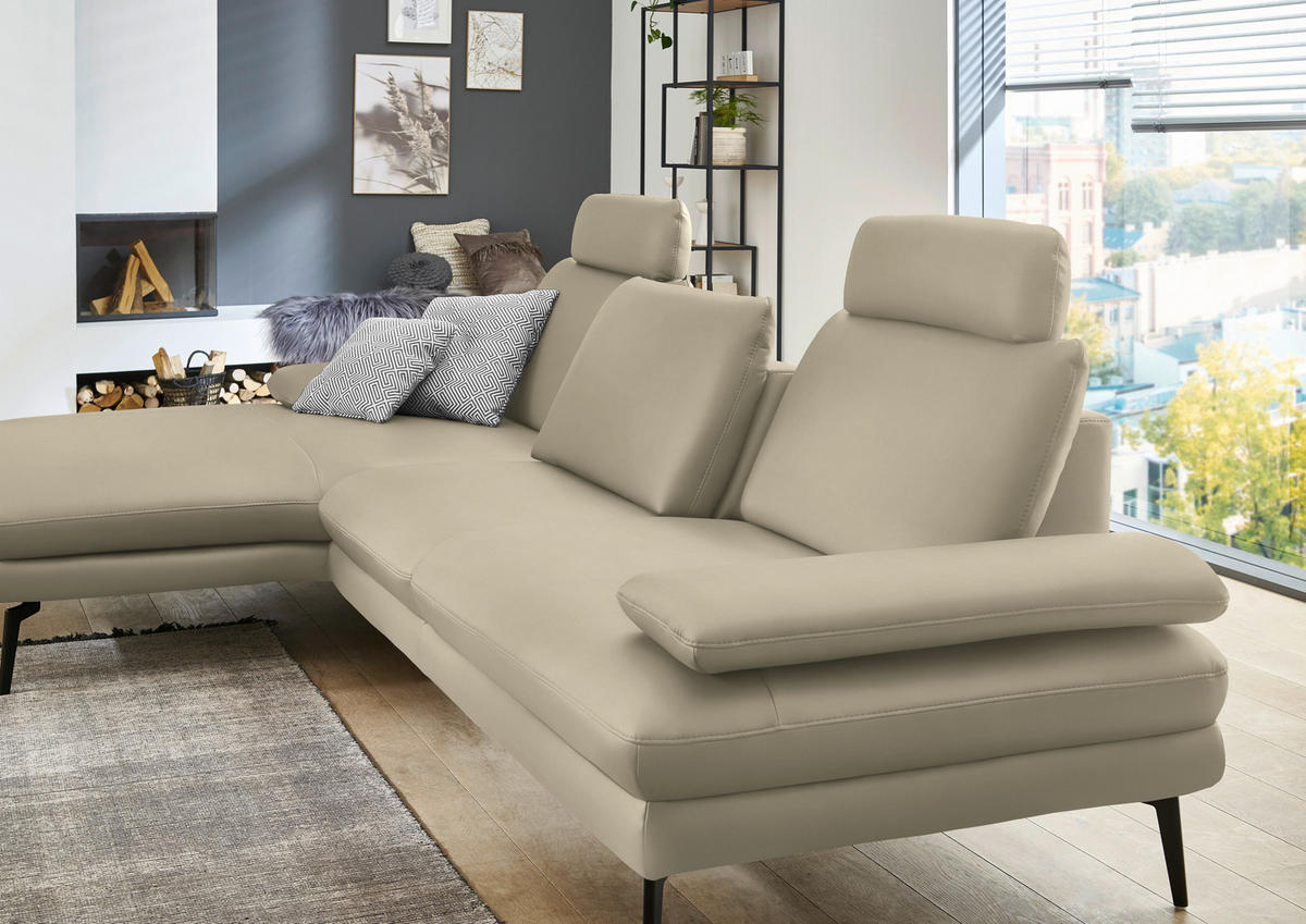 ECKSOFA in Echtleder Creme, Naturfarben  - Creme/Schwarz, Design, Leder/Metall (180/310cm) - Dieter Knoll
