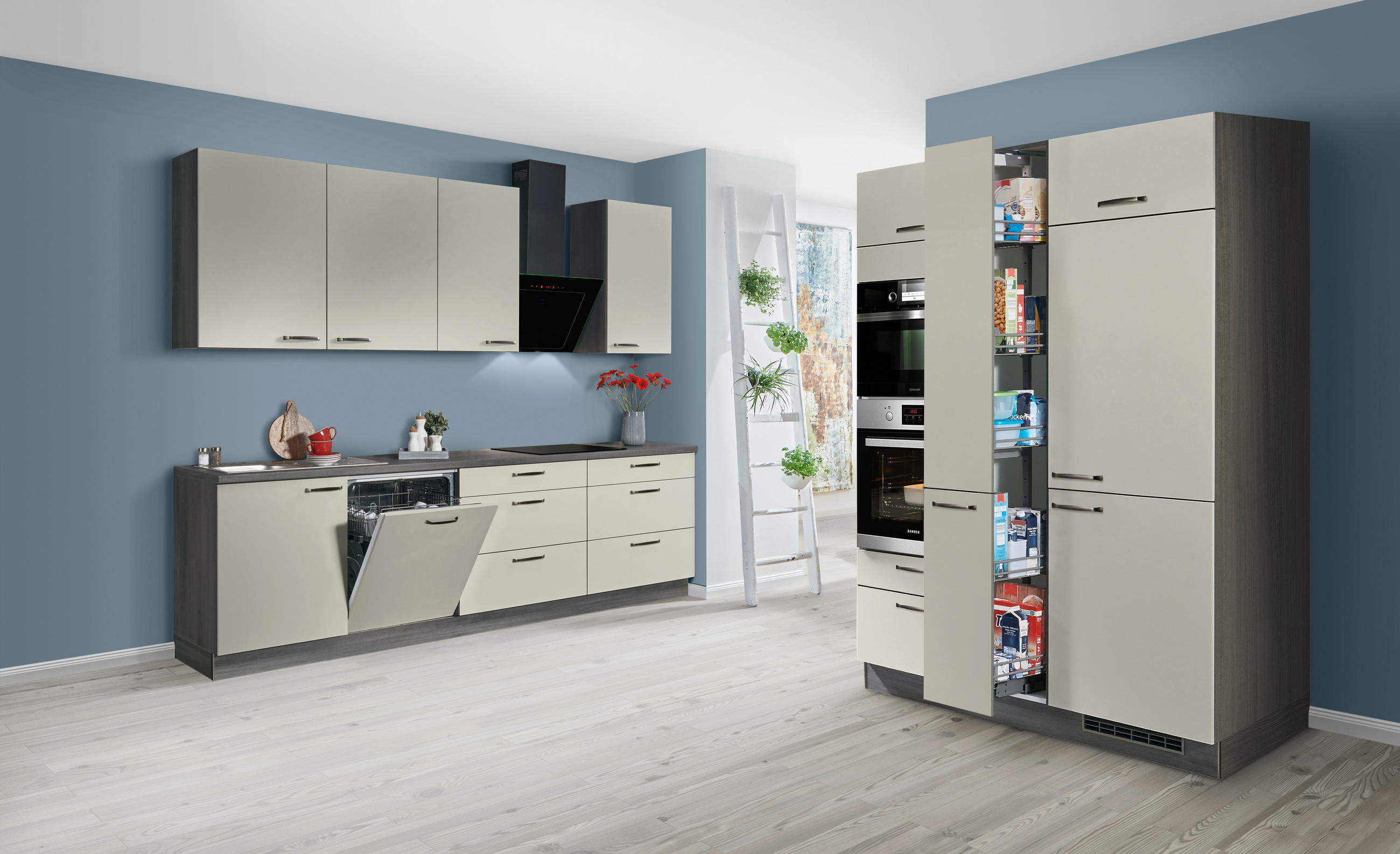 ECKKÜCHE 280/150 cm  in Hellgrau, Eiche grau  - Edelstahlfarben/Eiche grau, Design, Holzwerkstoff/Metall (280/150cm) - Welnova