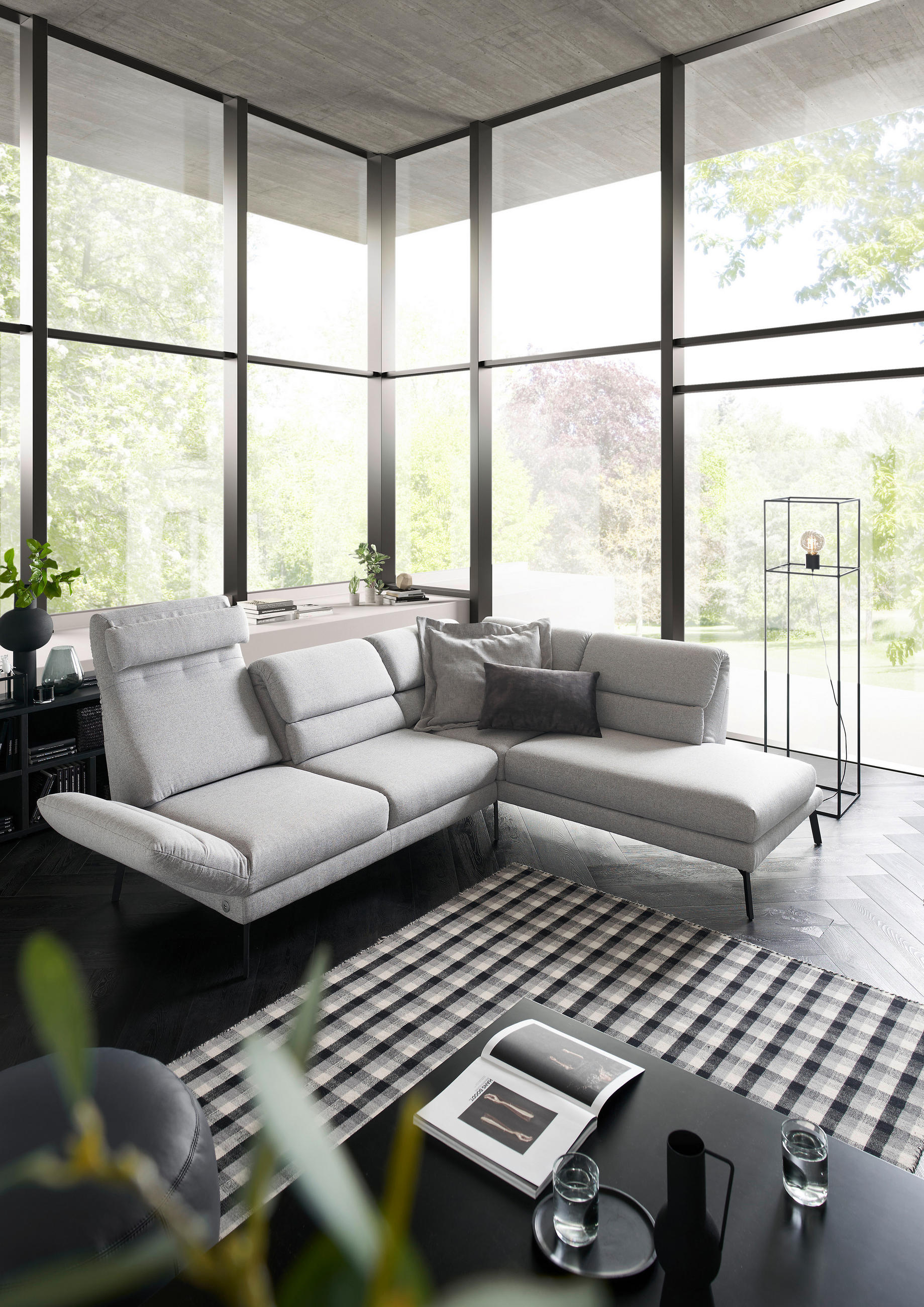 ECKSOFA Hellgrau Flachgewebe - Hellgrau/Schwarz, Design, Textil/Metall (253-321/212-253cm) - Dieter Knoll