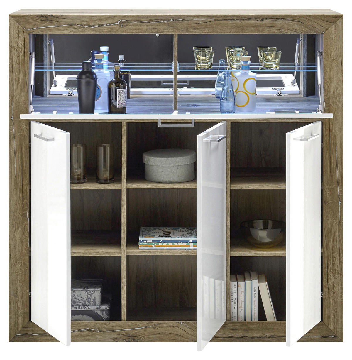 BARSCHRANK Dunkelbraun, Weiß Hochglanz  - Weiß Hochglanz/Dunkelbraun, KONVENTIONELL, Glas/Holzwerkstoff (134/134/46cm) - MID.YOU