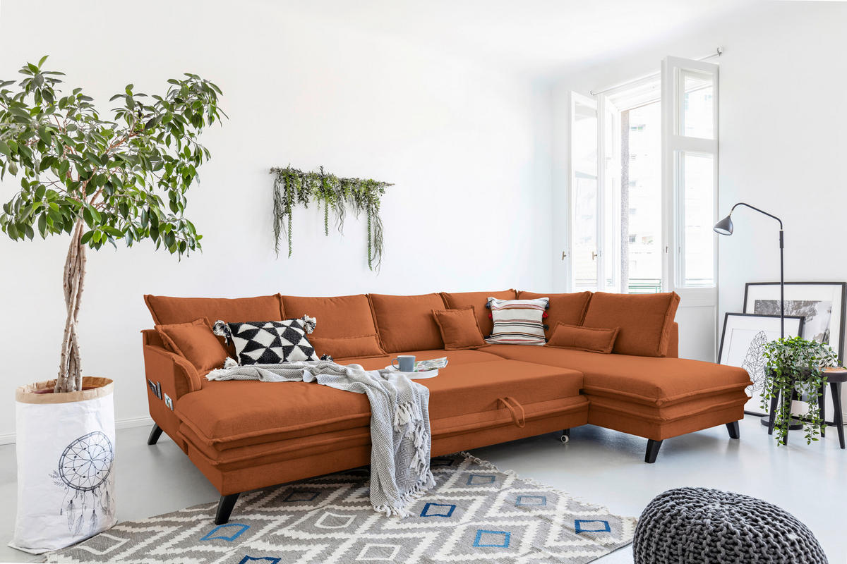 WOHNLANDSCHAFT Mikrofaser Terracotta  - Terracotta/Schwarz, Design, Holz/Textil (150/302/200cm) - P & B