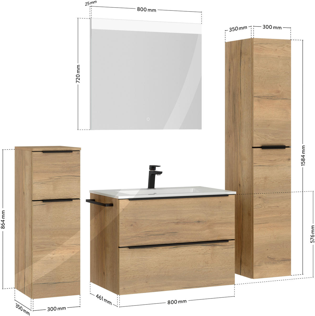BADEZIMMER 5-teilig  in 141 cm  - Eichefarben/Schwarz, MODERN, Holzwerkstoff/Stein (141cm) - Nobilia
