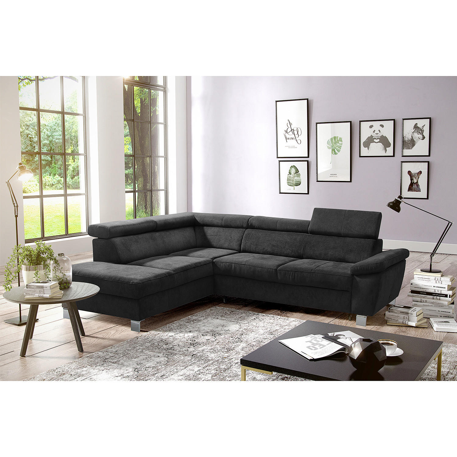 ECKSOFA Schwarz Mikrofaser  - Chromfarben/Schwarz, Design, Textil/Metall (208/248cm) - Livetastic