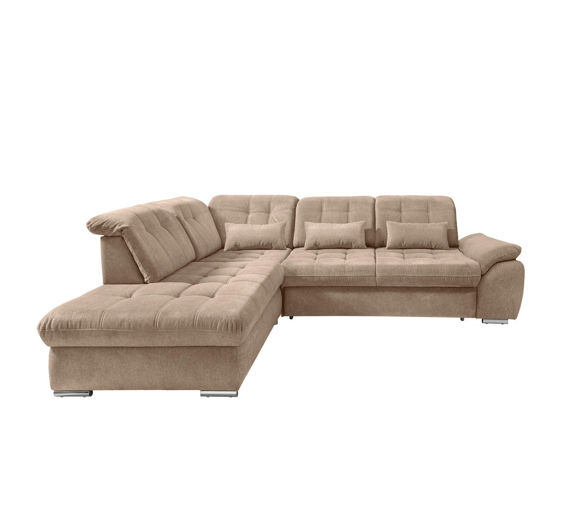 ECKSOFA RIGATTI Hellbraun Flachgewebe Kopfteilverstellung, Stauraum, Sitztiefenverstellung  - Chromfarben/Hellbraun, MODERN, Textil/Metall (254/308cm) - Livetastic