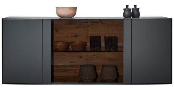 SIDEBOARD Kerneiche massiv Anthrazit, Eichefarben Einlegeböden, Türdämpfer  - Eichefarben/Anthrazit, Natur, Glas/Holz (203/80/44cm) - Valnatura