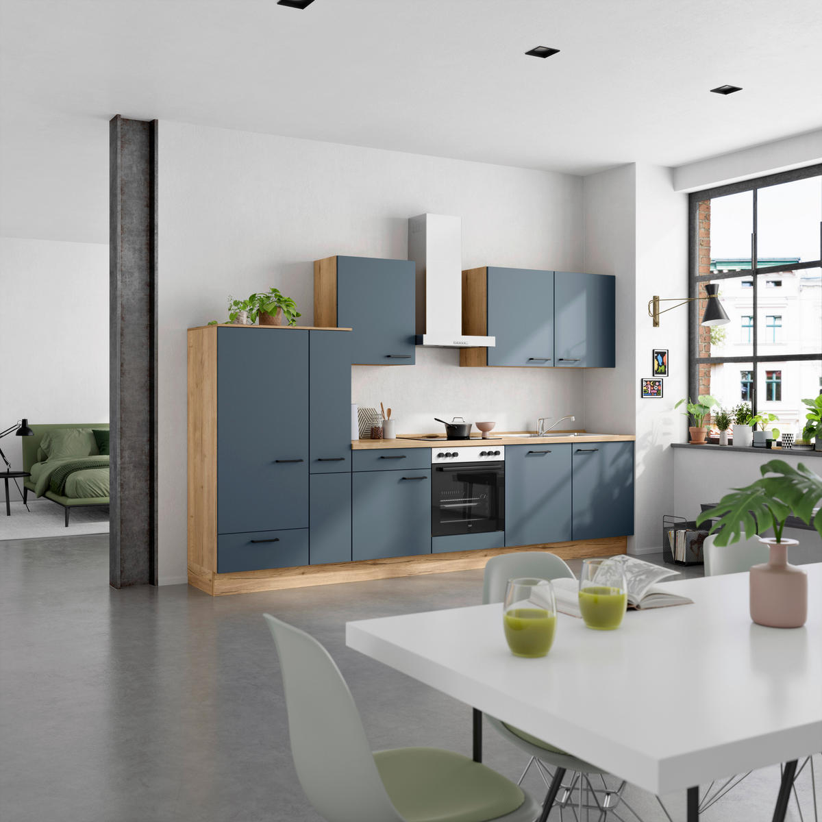 KÜCHENBLOCK Easytouch 330 cm  in Blau, Eichefarben  - Blau/Eichefarben, MODERN, Holzwerkstoff/Metall (330cm) - Nobilia