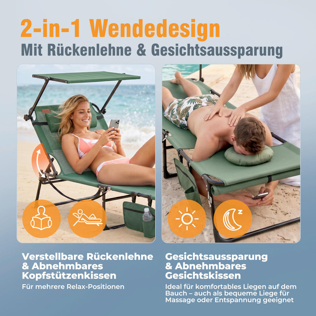 SONNENLIEGE 200/34/70 cm  - Dunkelgrau/Grün, Basics, Textil/Metall (200/34/70cm) - Modante